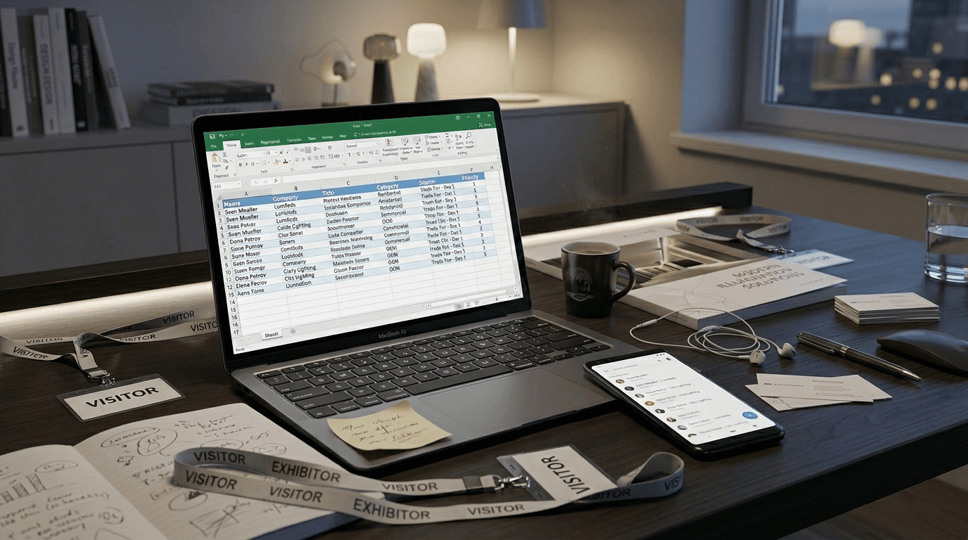 CRM-ready lead capture export after Light + Building 2026, organized contacts from trade show badges and business card scans for Day-1 follow-ups.