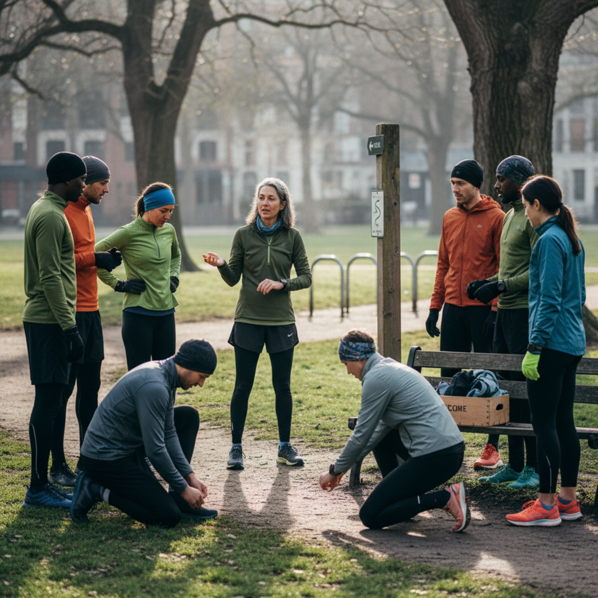 Ein Laufteam trifft sich im ersten Morgenlicht am Parkeingang. Ein Coach erklärt die Strecke, während Läufer ihre Schuhe binden und Jacken in eine Kiste legen. Die Sonne bricht durch die Bäume, Atemwolken schweben in der kühlen Luft. Eine klare Gruppe formiert sich und wartet auf das Startsignal.