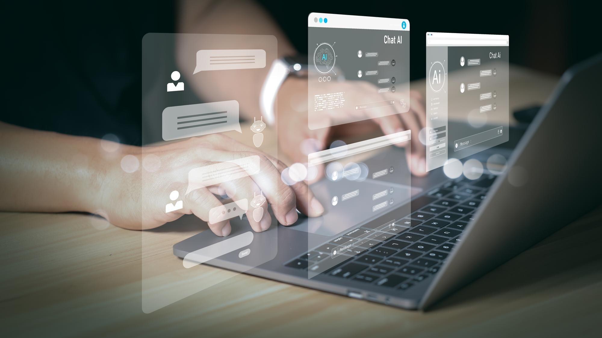 Laptop met chat-venster waarin een AI chatbot een websitebezoeker vragen stelt voor leadgeneratie