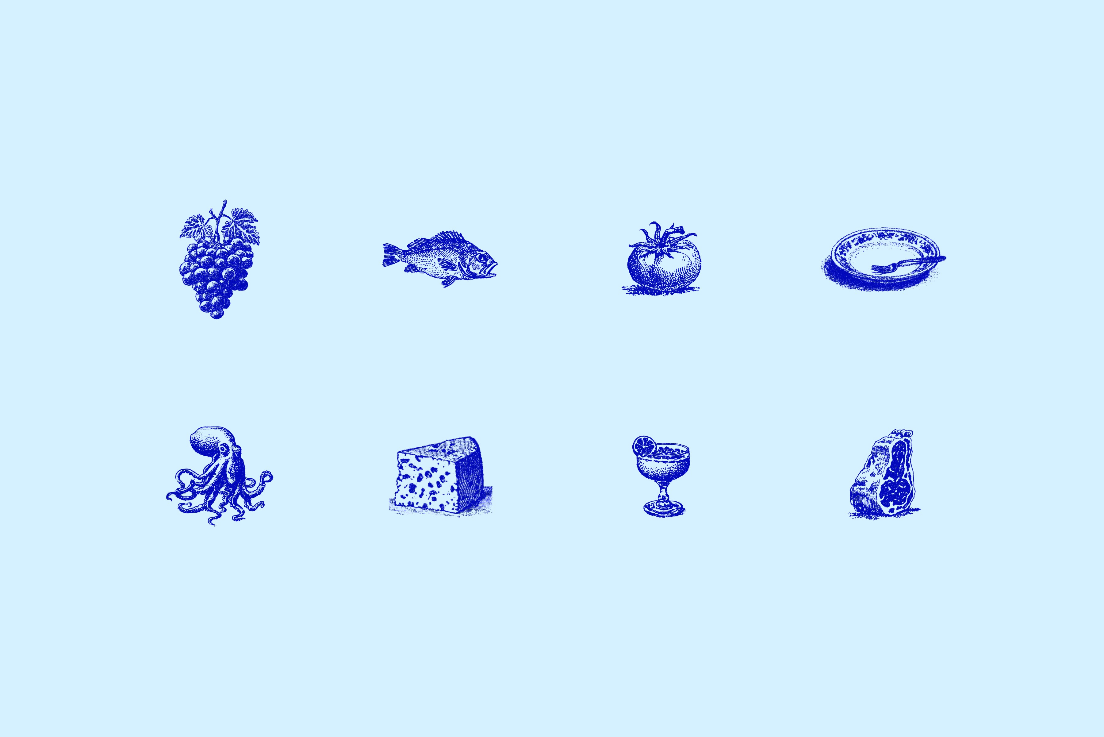Pictogrammes illustrés bleus de raisin, poisson, tomate, huître, poulpe, fromage, cocktail et viande pour identité visuelle de restaurant méditerranéen OLI•VIA.