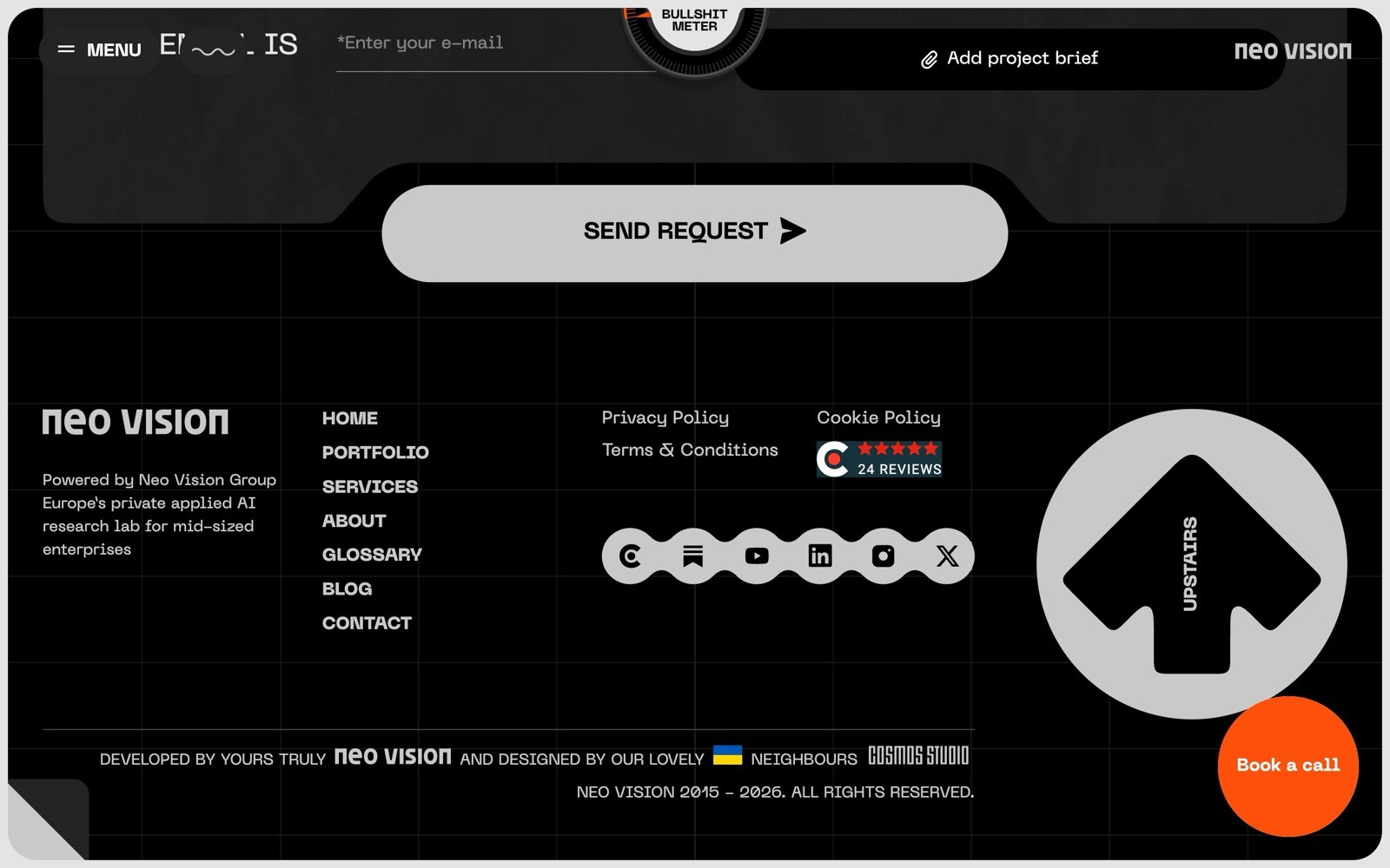 Black web footer with buttons: "Menu," "Portfolio," "Services," "About," "Glossary," "Blog," "Contact." Send request button centered.