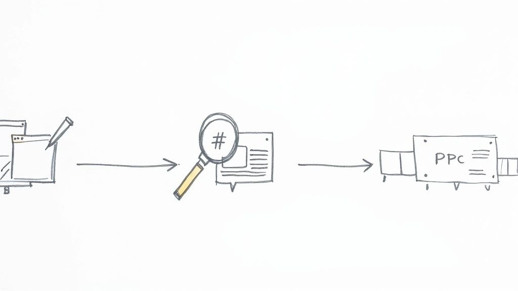 A hand-drawn marketing workflow: content ideation, hashtag research, and PPC ad campaign implementation.