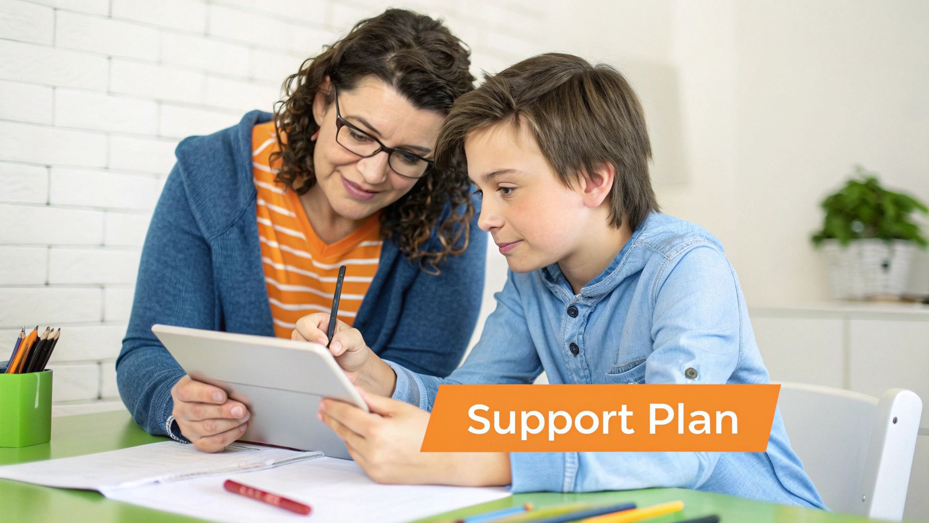 A woman and a boy collaborate on a digital tablet, writing and learning, with a 'Support Plan' banner.