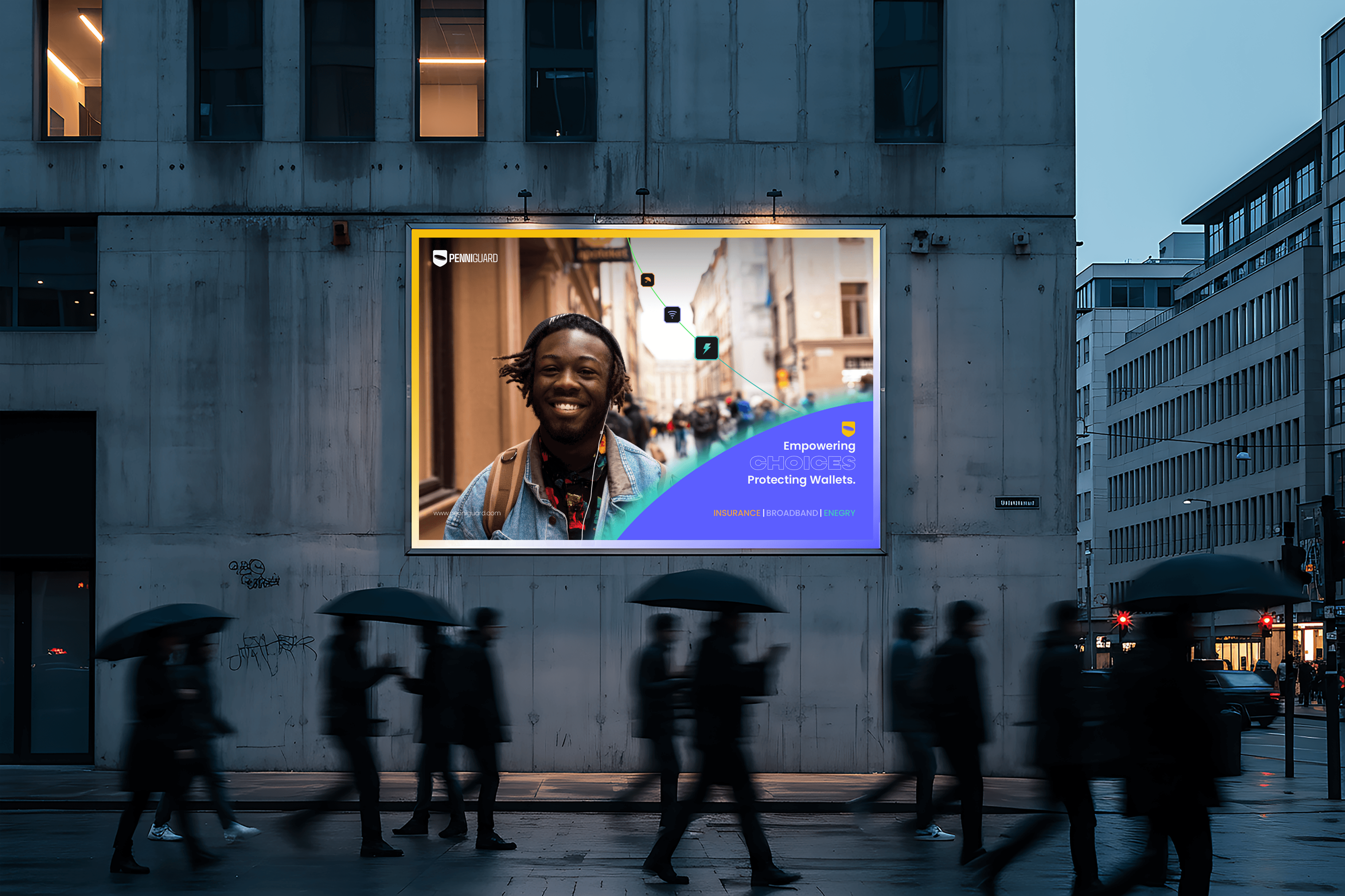 Billboard design in a city, motion blur people walking in front of it, late evening city lights.
