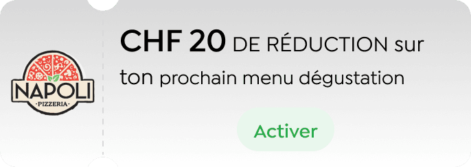 Coupon Napoli Pizzeria montrant 20 CHF de réduction sur un achat PimPay le lundi, valable jusqu'au 23 juillet 2025