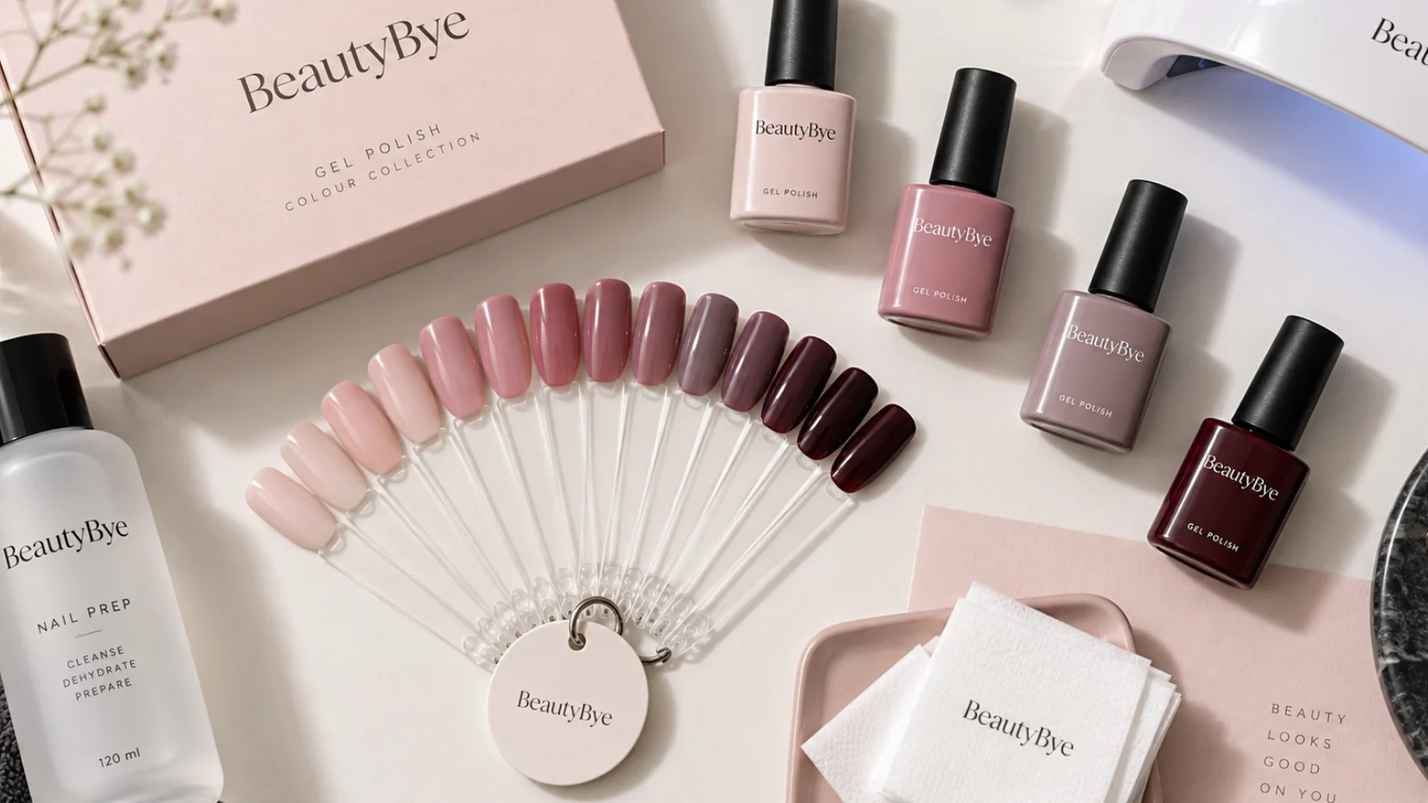 BeautyBye professional gel polish bottles, preparation products and colour swatches