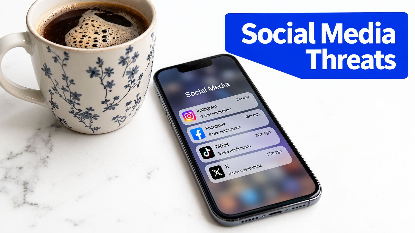 A smartphone on a marble table with social media notifications displayed alongside a cup of coffee.