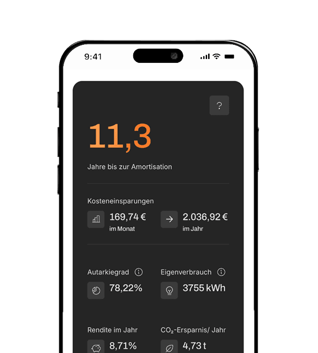 Ein Smartphone zeigt eine App-Oberfläche im dunklen Design mit verschiedenen Kennzahlen und einem hervorgehobenen Wert von 11,3.