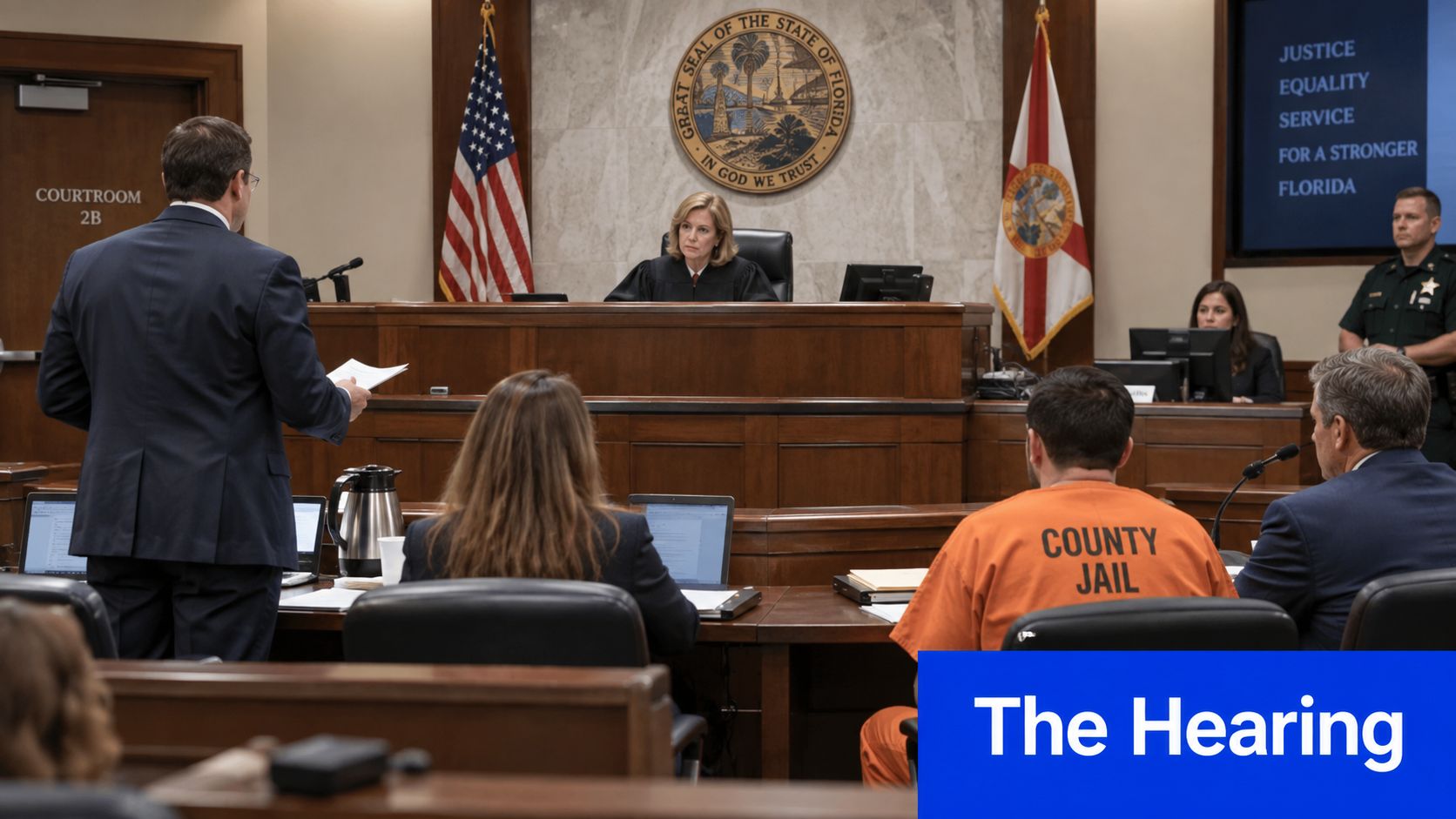 A defense attorney presents a case during a formal bond modification hearing in a Florida courtroom.