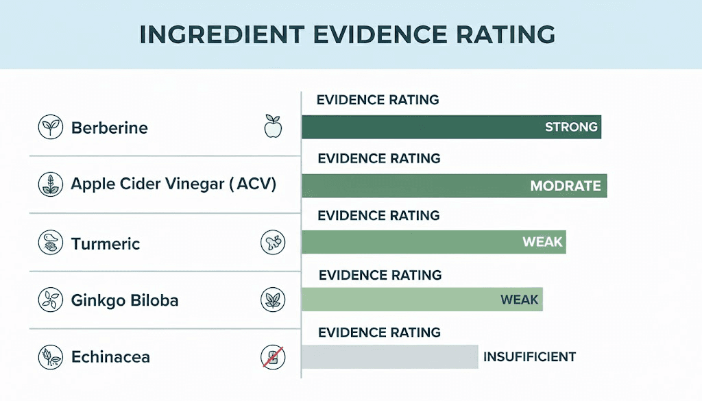 GLP-1 six in one oral liquid ingredient breakdown with scientific evidence ratings
