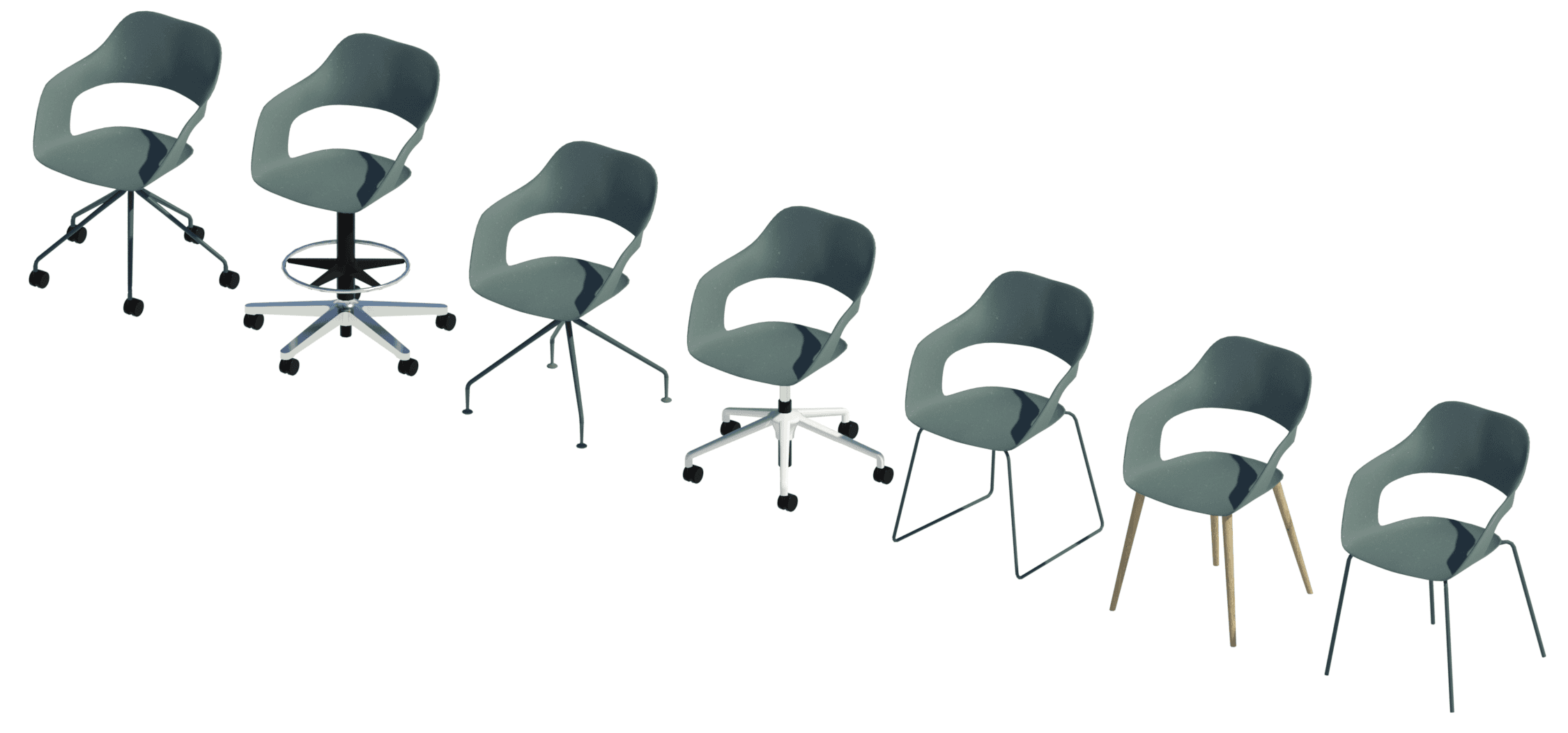 Possible base frames for the Occo chair with emerald green seat (L to R): five-star, counter five-star, four-star, height adjustable five-star, sled, tapered and tubular frame.