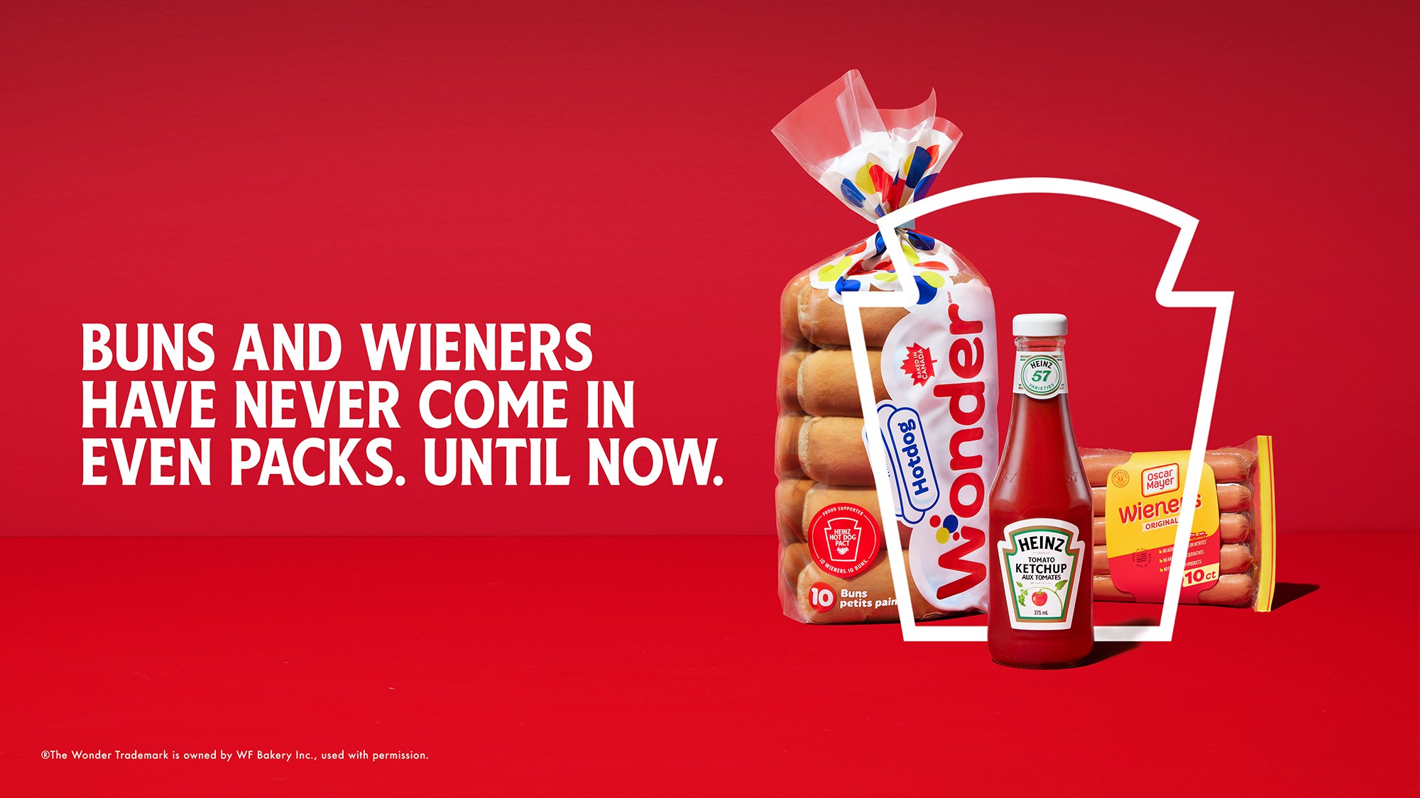 Heinz Hotdog Pact Campaign Photo. It features a Heinz ketchup bottle with a bag of hotdog buns and a pack of hotdogs with the text, "buns and wieners have never come in even packs. until now."