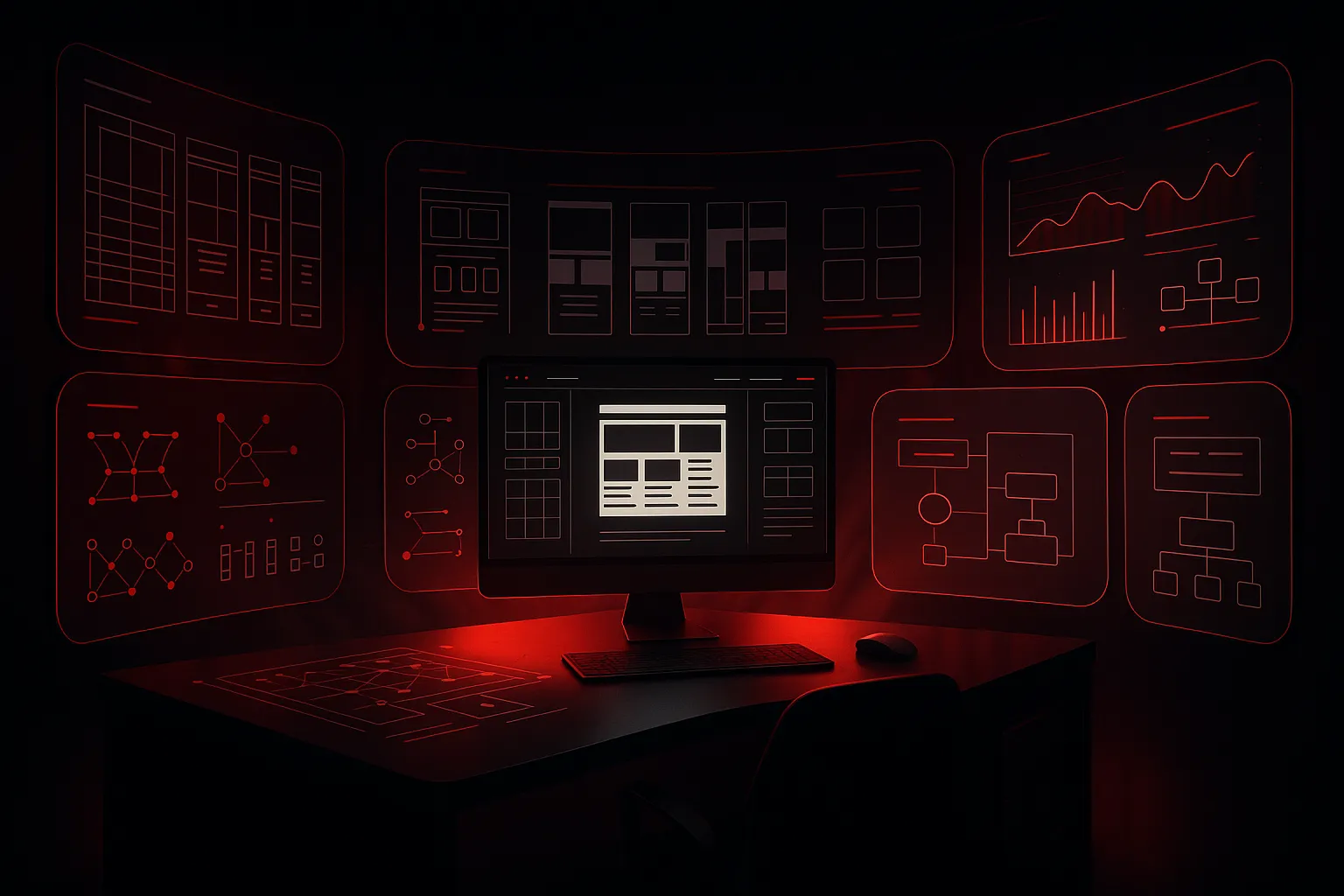 RockN' Socials Digital Marketing setup with multiple screens in a red-lit room.