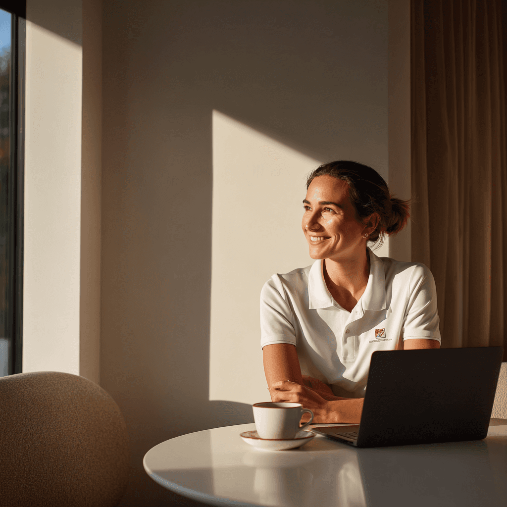 A person sitting at a desk smiles while using a smartphone, with a laptop and coffee cup nearby.