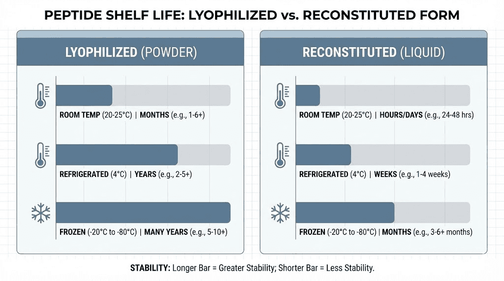 Peptide shelf life comparison chart showing lyophilized versus reconstituted stability