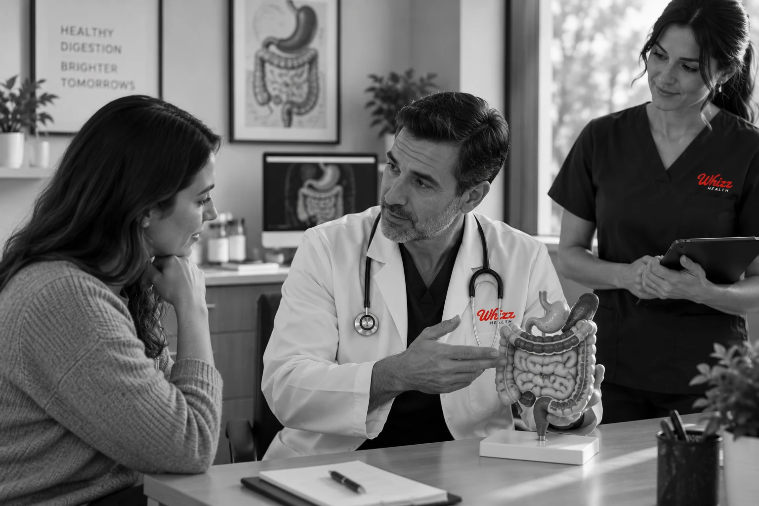 Gastroenterologist explaining a digestive system model to a patient while a Whizz Health research coordinator looks on