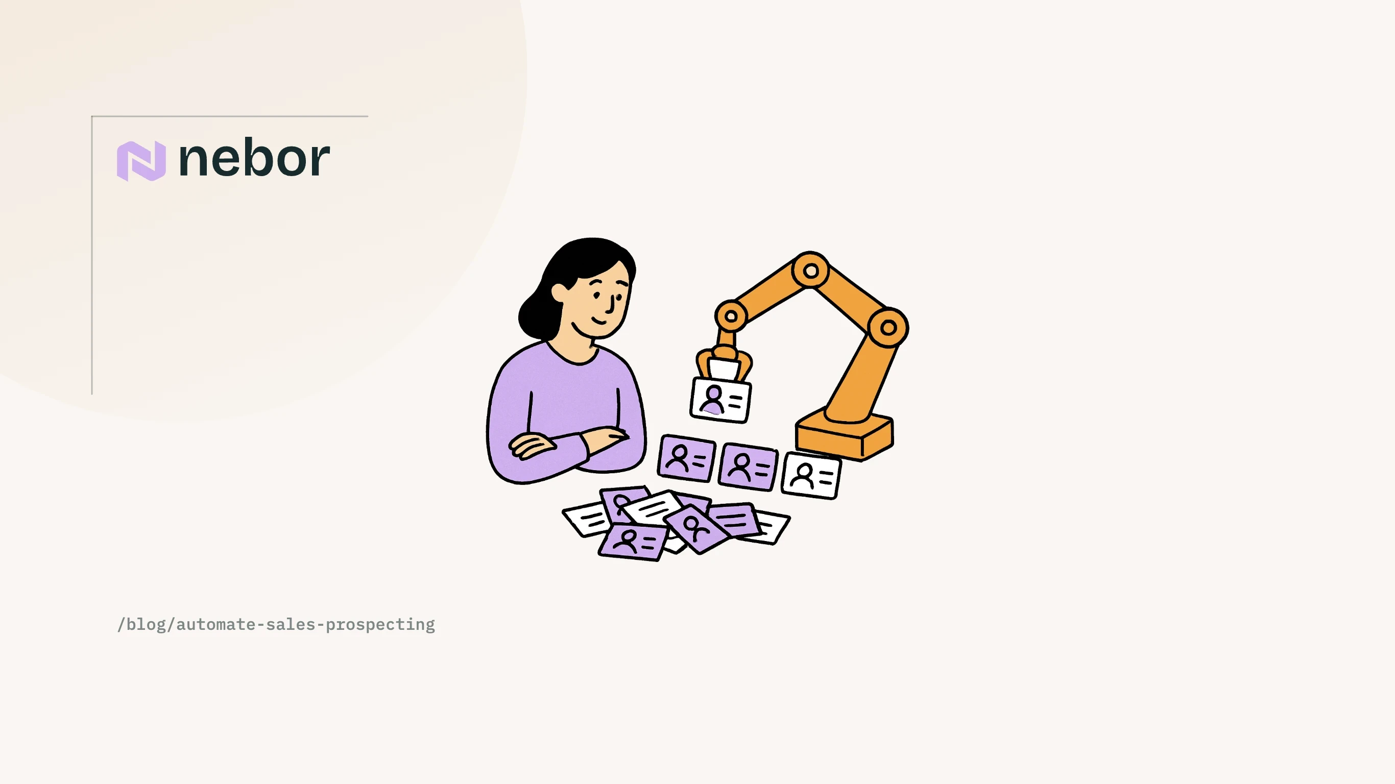A robot arm sorts a messy pile of contact cards into a neat row, which is what it looks like to automate sales prospecting