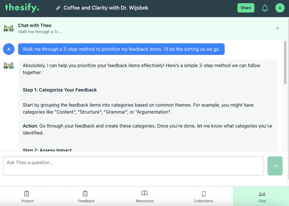 Screenshot of thesify’s Chat with Theo interface, showing step-by-step guidance on prioritizing academic feedback.