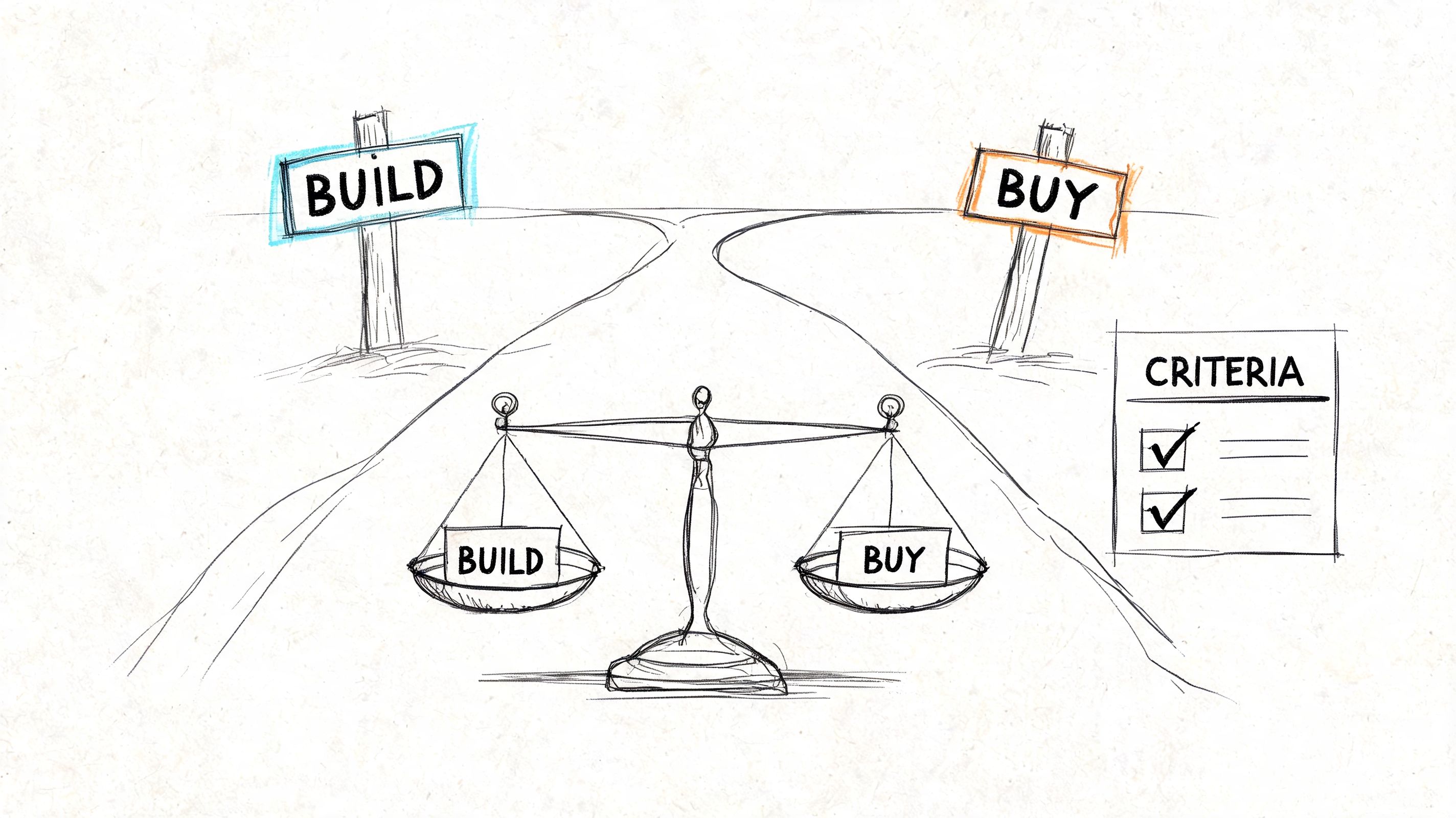 A hand-drawn illustration showing a balance scale weighing the decision between building or buying a solution.