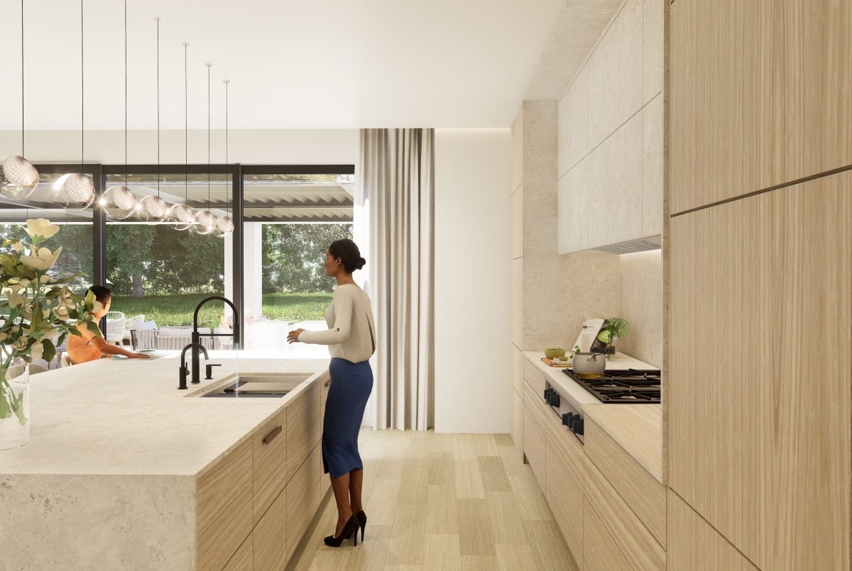 Image of Modern kitchen with light wood cabinets, large island, and woman interacting with design elements, KHD Homes.