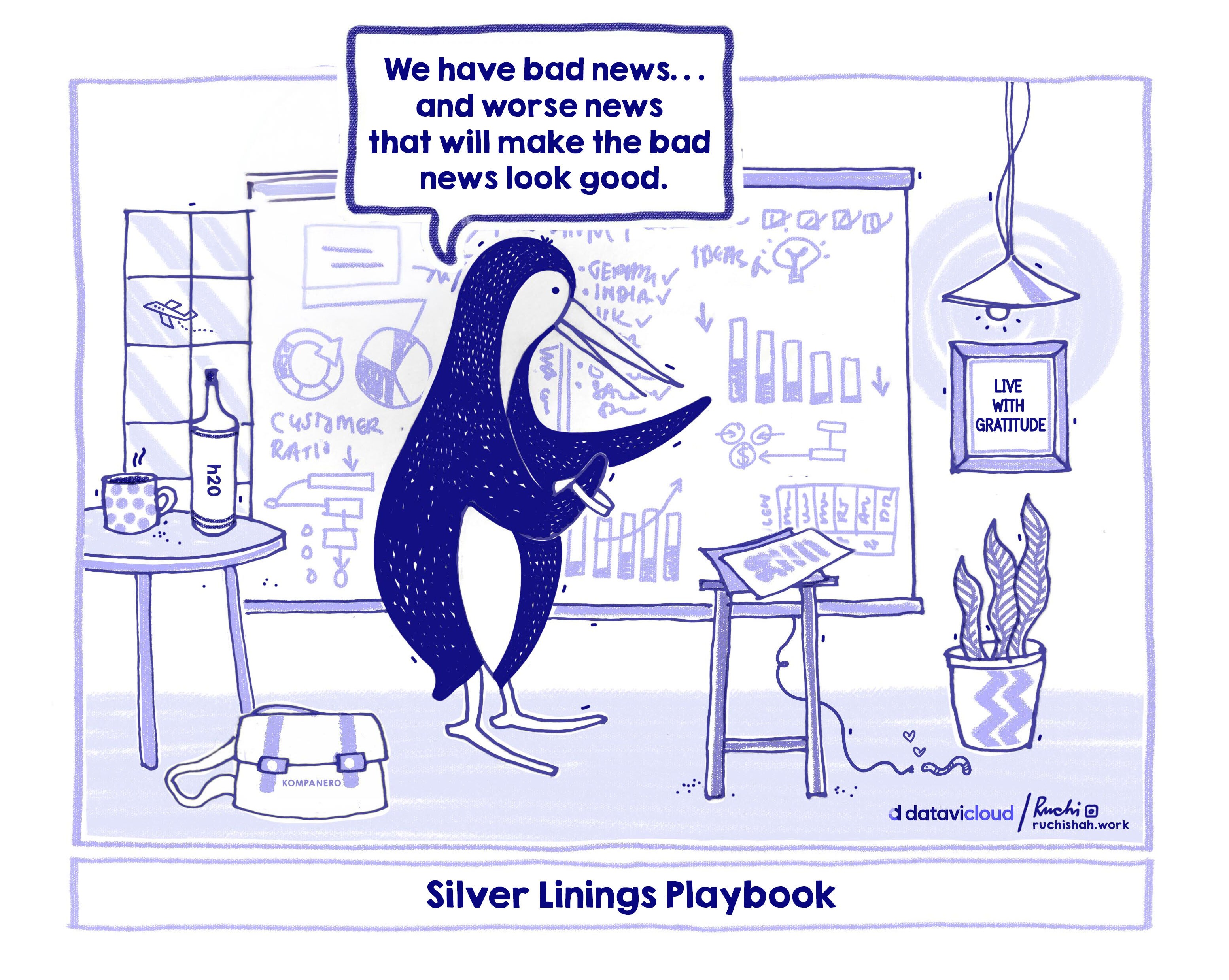 B2B sales humor cartoon titled 'Silver Linings Playbook' featuring a penguin presenter at a whiteboard explaining that they have 'bad news... and worse news that will make the bad news look good,' illustrating the struggle with declining sales numbers and the need for clear data signals.