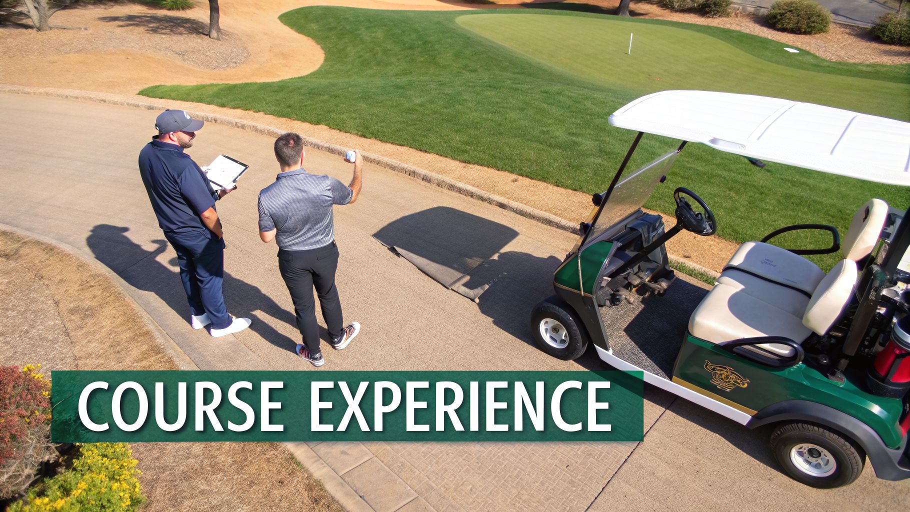 Two men on a sunny golf course next to a golf cart, one holding a golf ball and the other a clipboard.