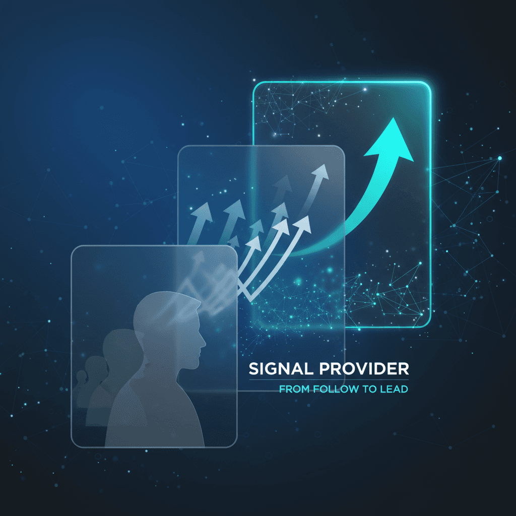 Trader silhouette progressing through stages, evolving into a leader as a signal provider