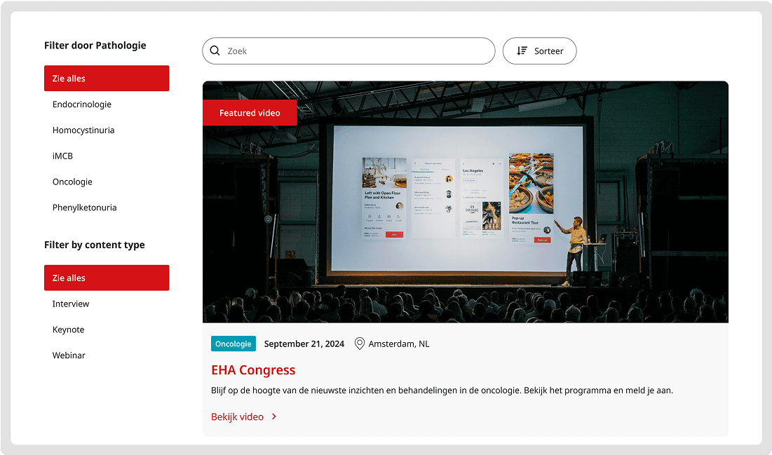 Filters for pathology, date, and format allow users to find content based on their interests or professional focus.