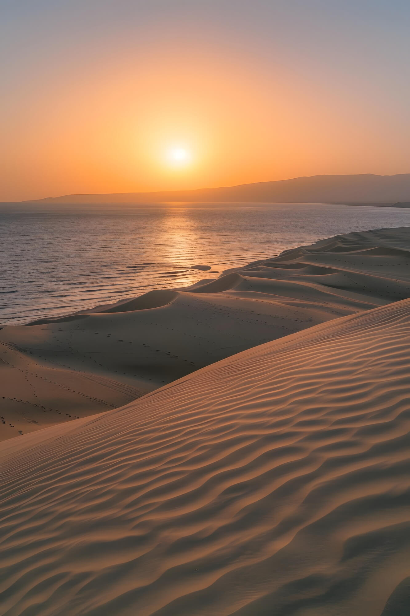 Sunset over undulating sand dunes by a calm ocean, footprints visible on the sand.