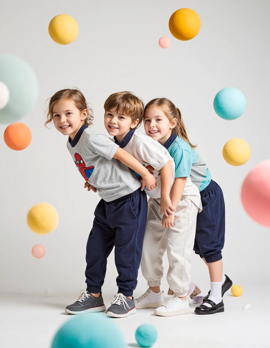 Colorful children's fashion photography setup with three kids in casual clothes posing against a white backdrop with floating pastel spheres