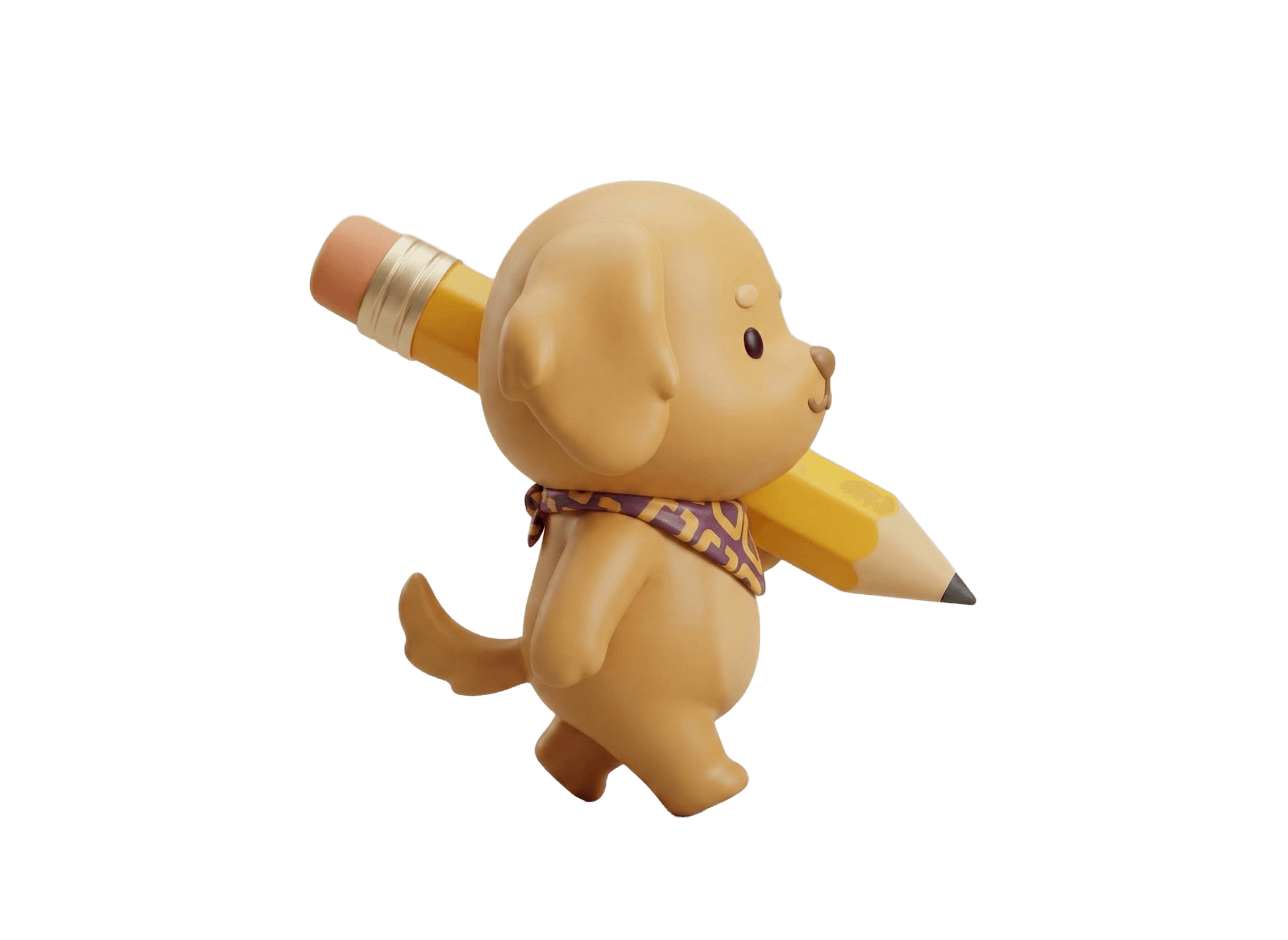 A cute cartoon-style dog figurine pointing out with right hand, wearing a patterned bandana.
