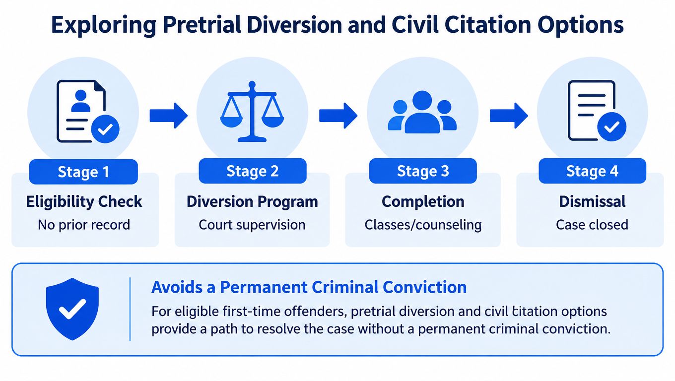 A flow chart illustrating four stages of pretrial diversion programs to avoid a permanent criminal conviction.