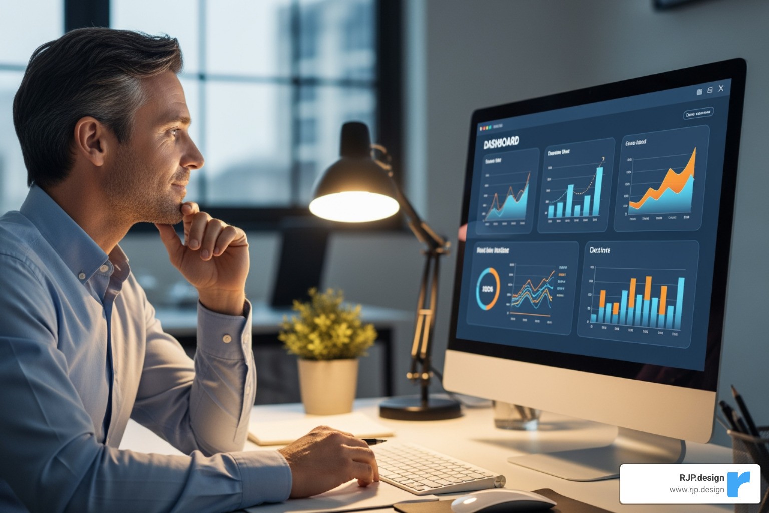 A business owner looking at a dashboard with positive growth charts - small business web presence