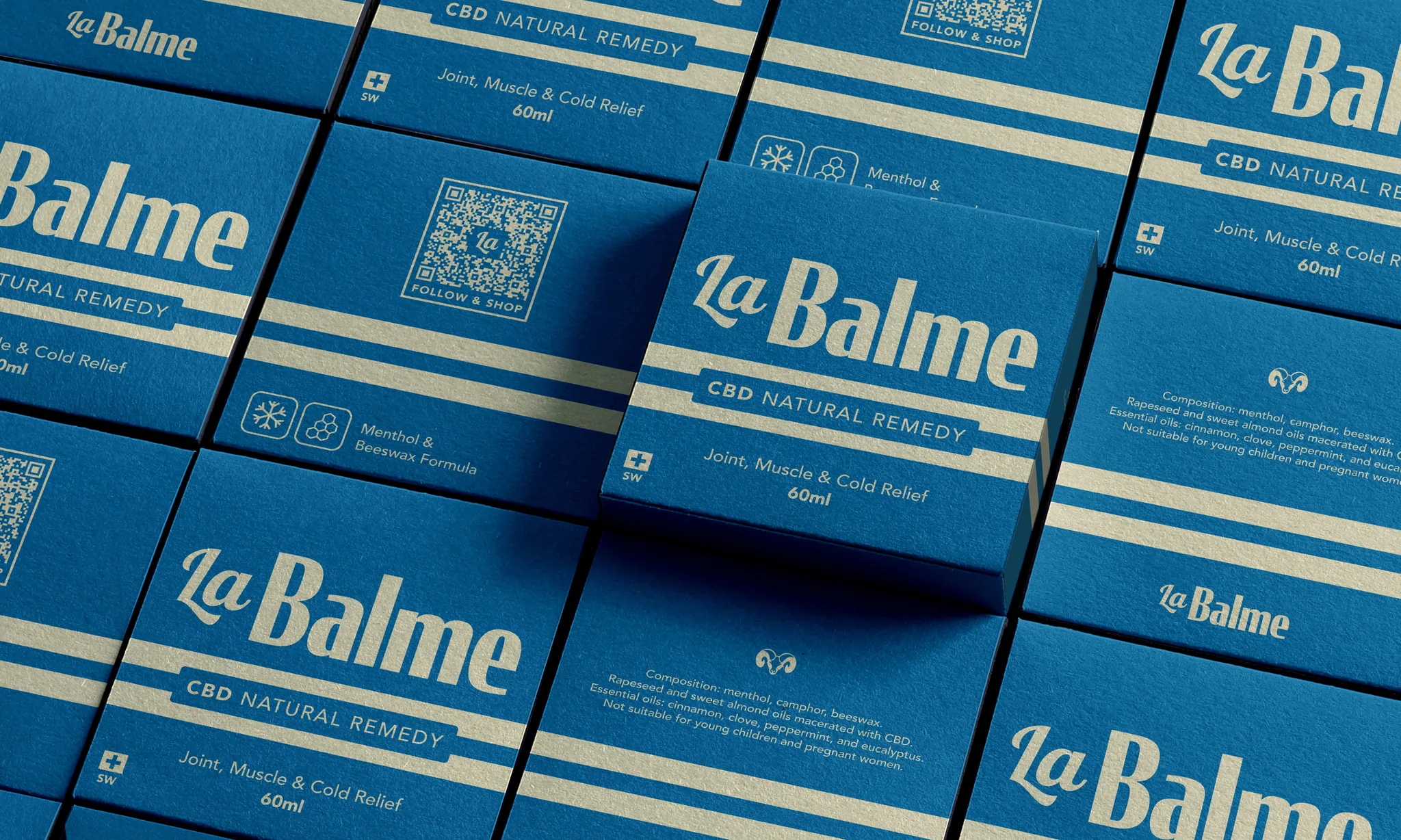Stacked blue La Balme CBD natural remedy boxes