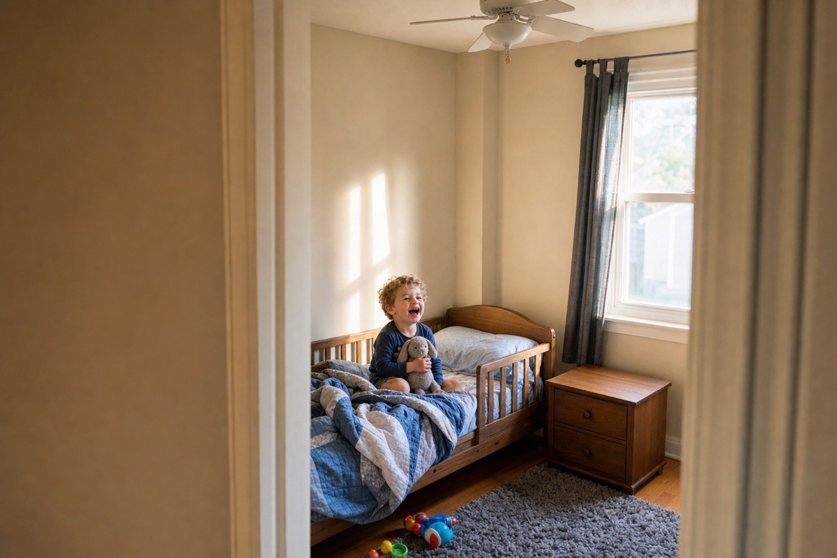 The same young boy sitting up bright and cheerful in bed on a sunny morning
