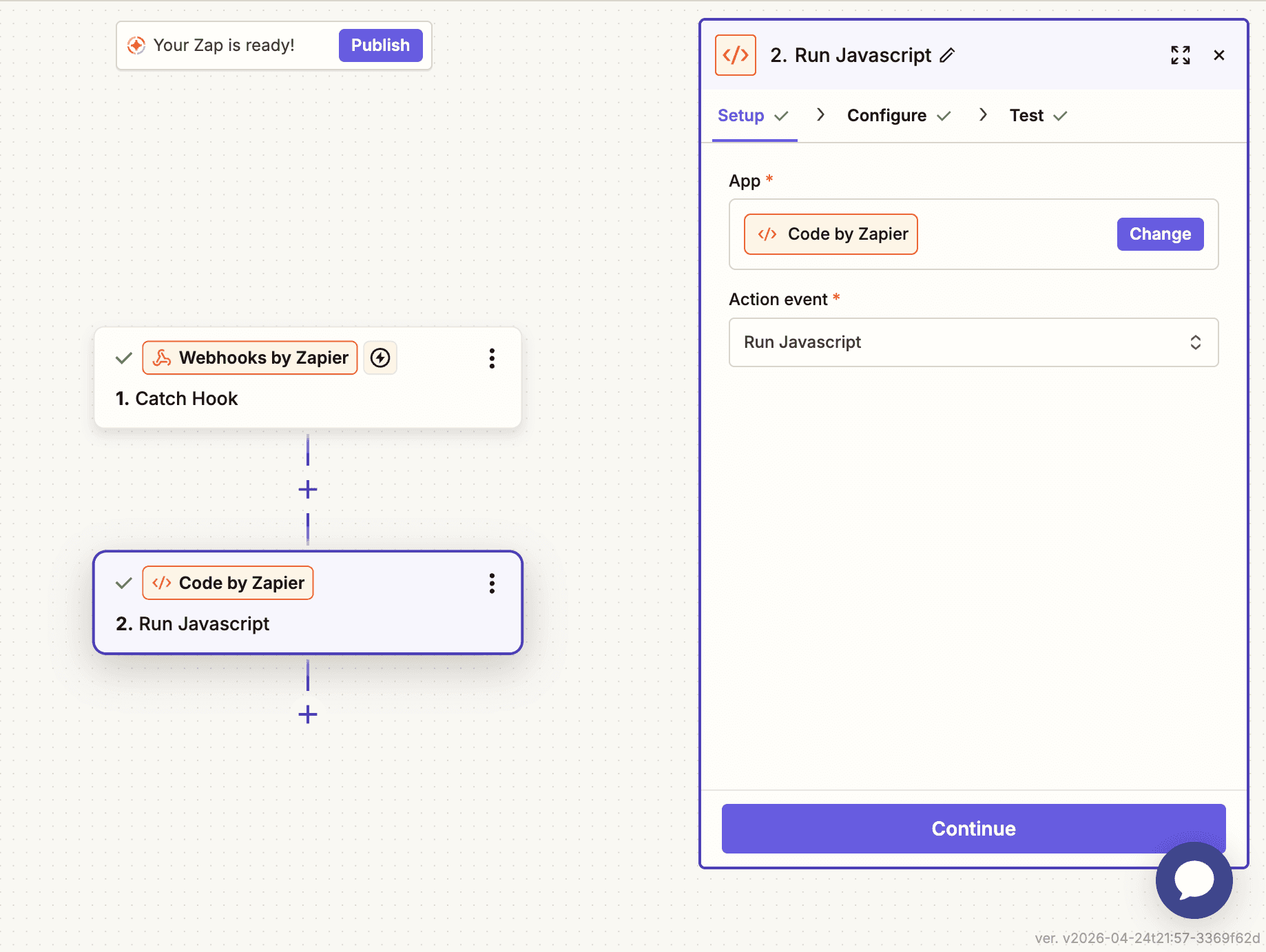 Add the 'Code by Zapier' Action