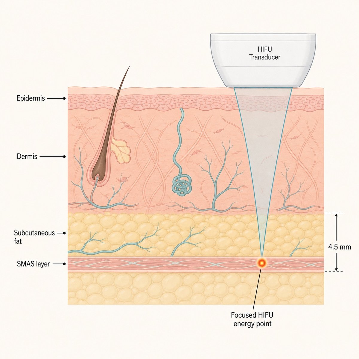 Diagram showing Shurink Universe HIFU energy targeting the SMAS layer beneath the lower face skin surface