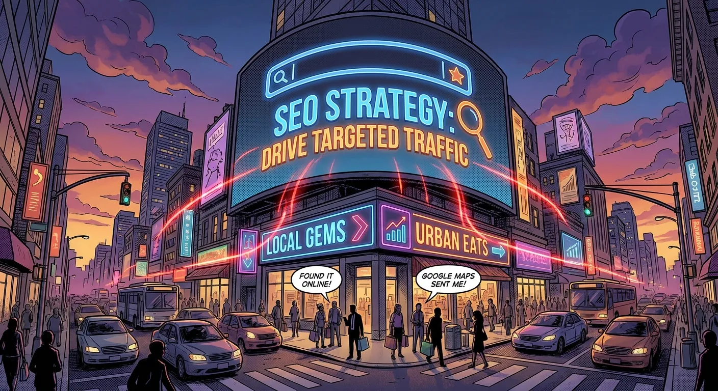 Bustling city with digital ads by RockN' Socials, a digital marketing agency.