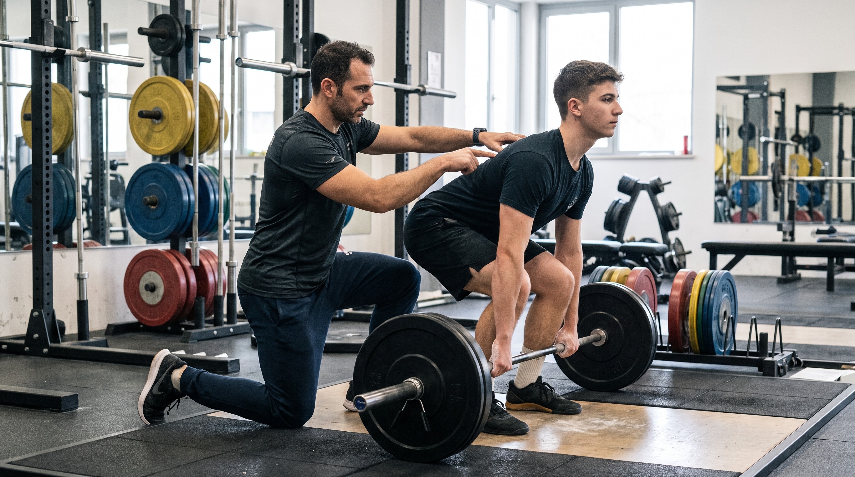 istruttore powerlifting AIF corregge la postura di uno sportivo durante lo stacco da terra in palestra