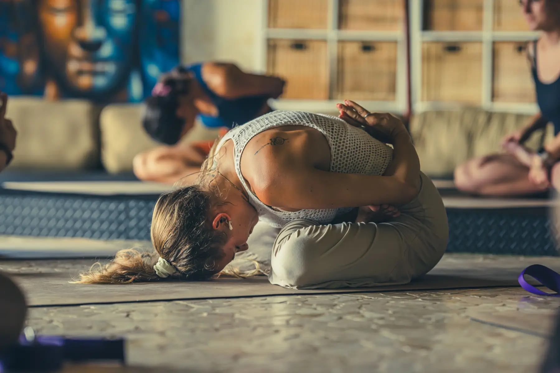 Restorative aerial yoga and floating meditation practice for online teacher training