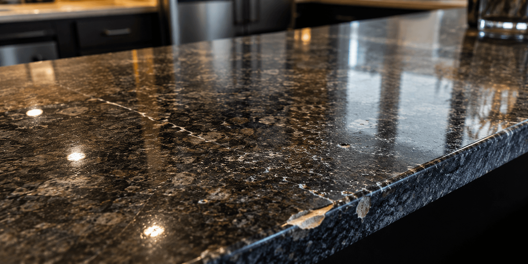 Commercial granite floor showing chips, cracks, and surface pitting.