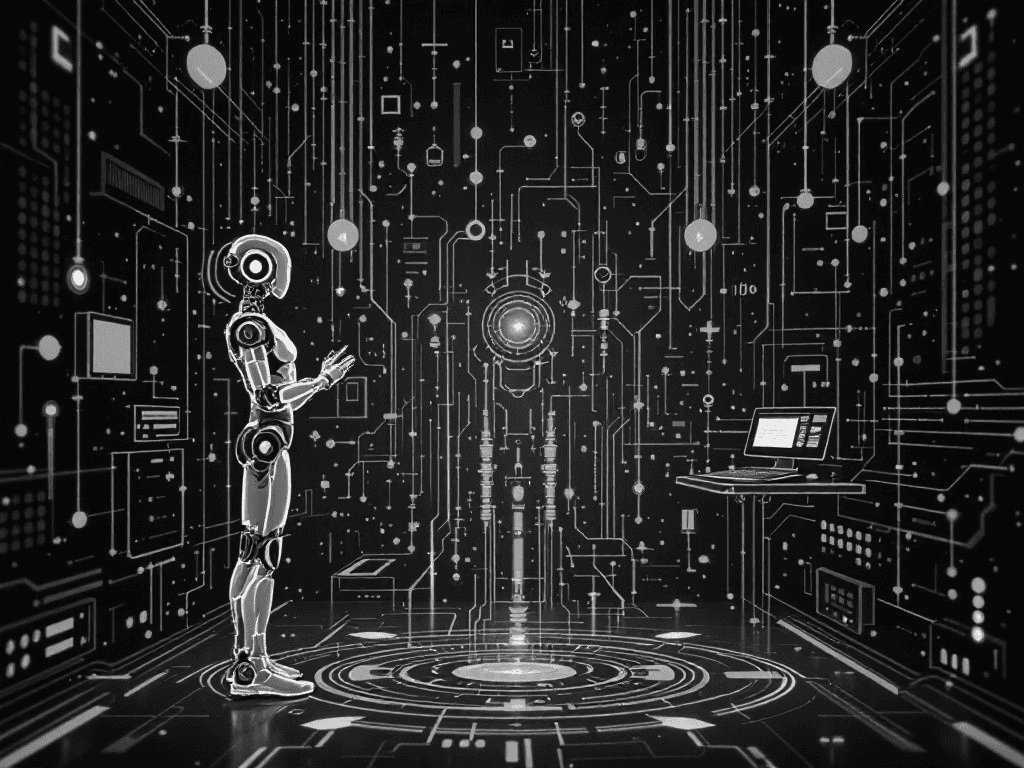 A robot standing in a room with glowing orange and blue circuit boards on the walls.