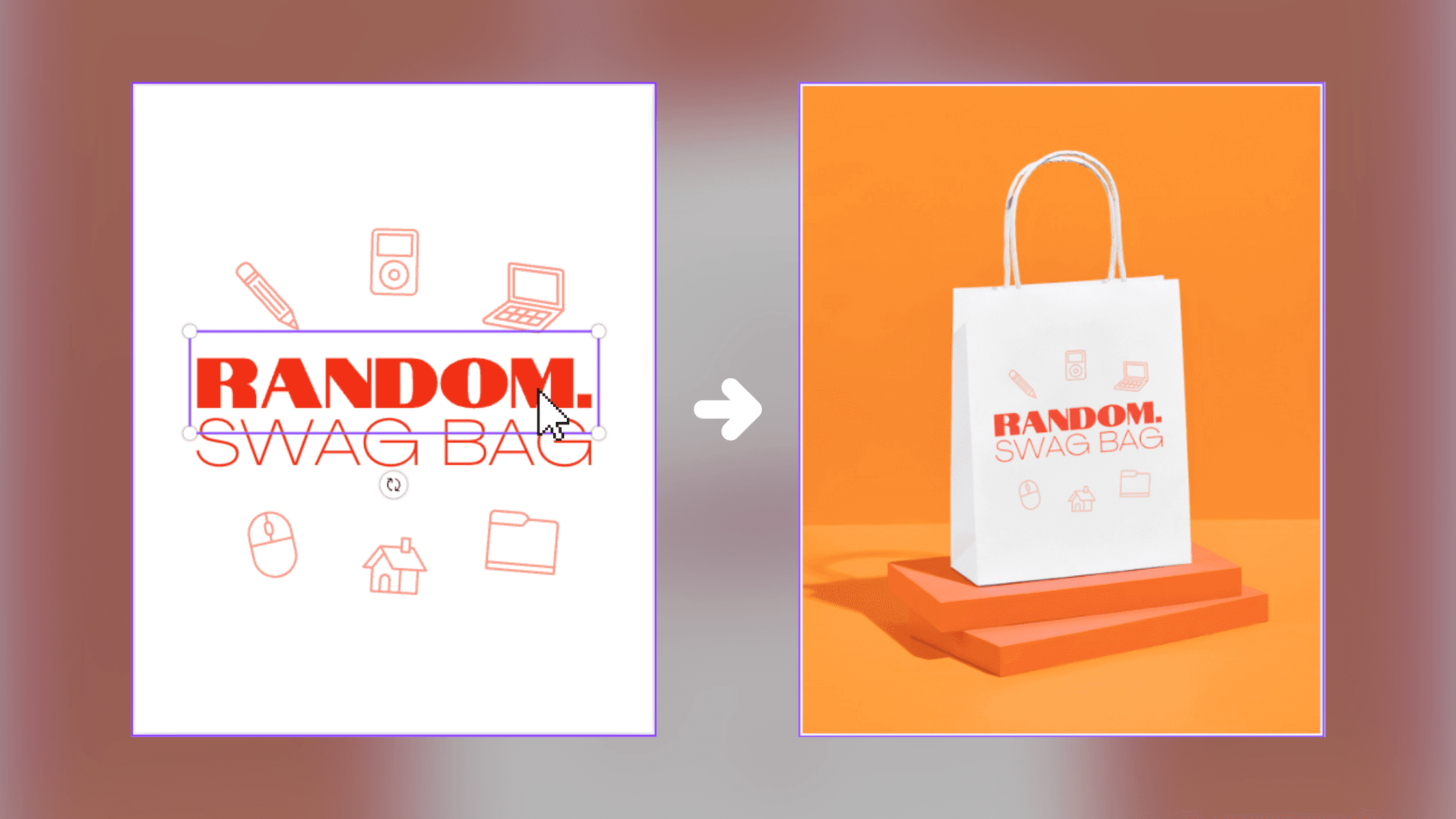 Before and after image using the Canva Mockups App to create a mockup of a paper bag design.
