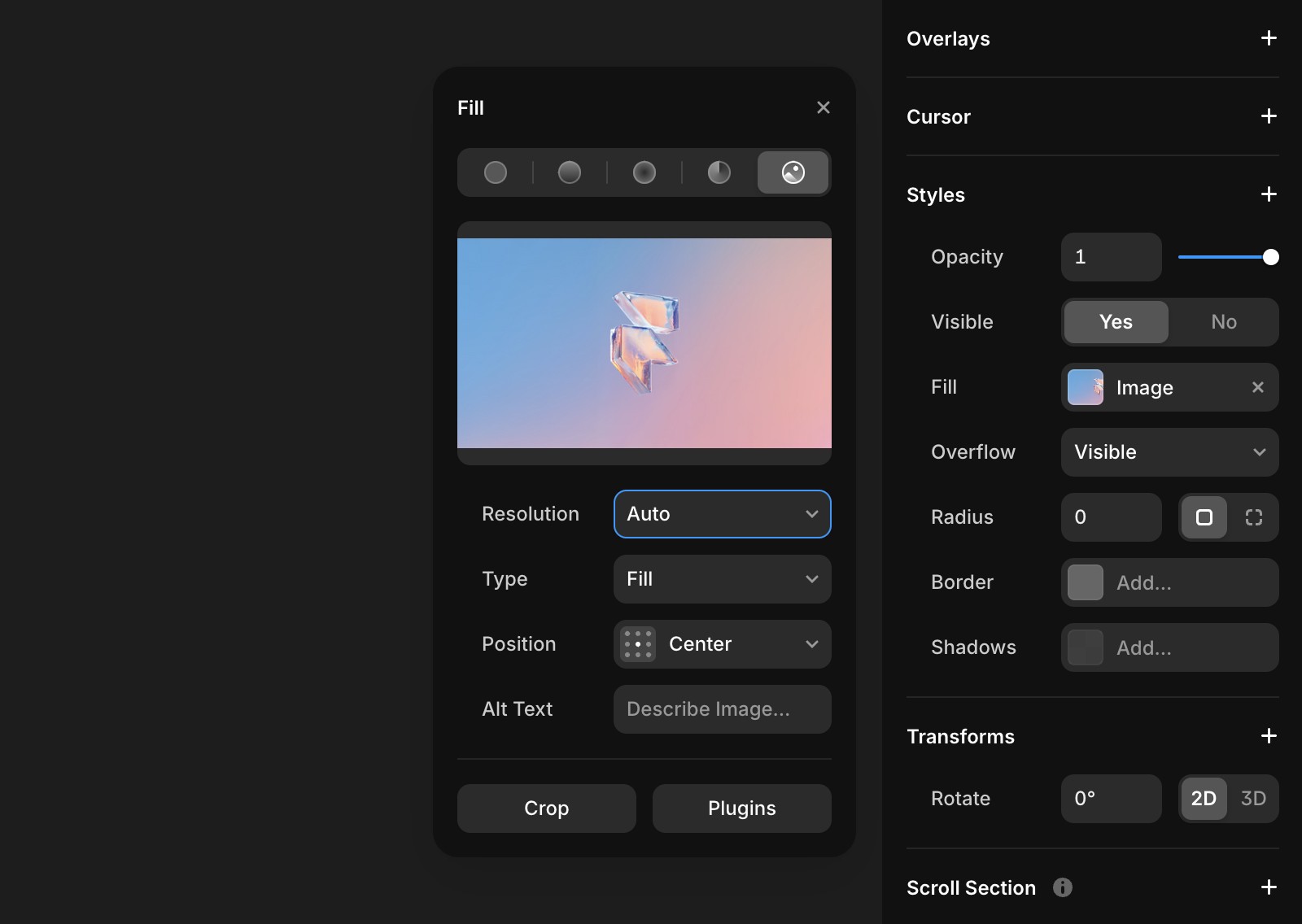 The main panel shows a preview of an abstract, crystal-like 3D object with a gradient background transitioning from blue to pink. Below the preview are dropdown options for resolution, type, and position.