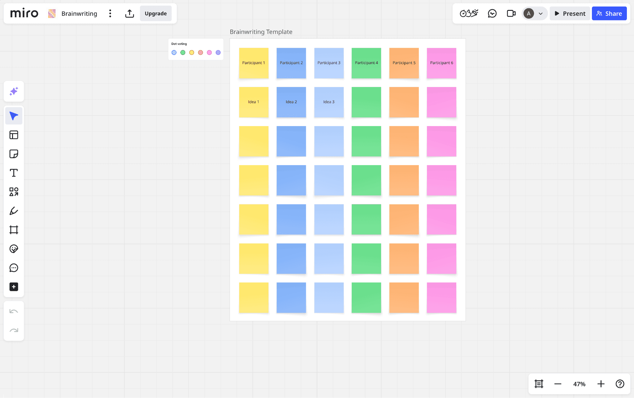 Miro interface showing template for brainstorming with sticky notes