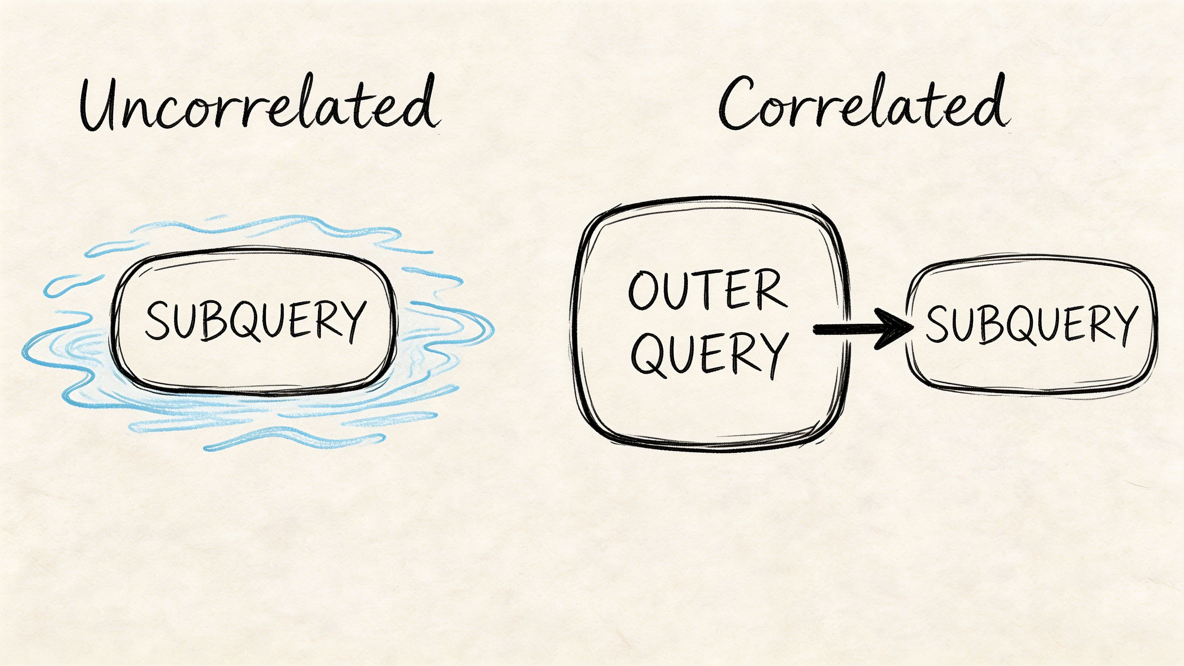 A diagram illustrating the difference between uncorrelated and correlated subqueries with labels and simple graphic elements.