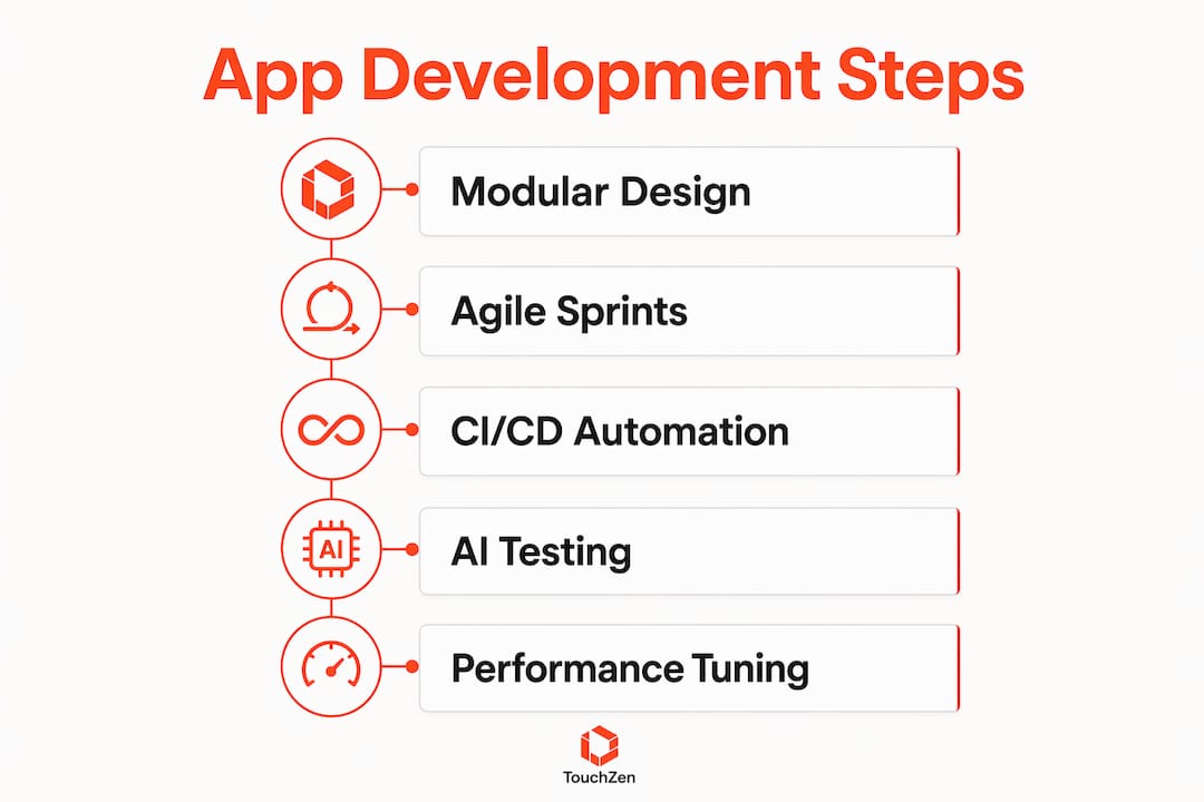 Infographic illustrating five key app development acceleration steps