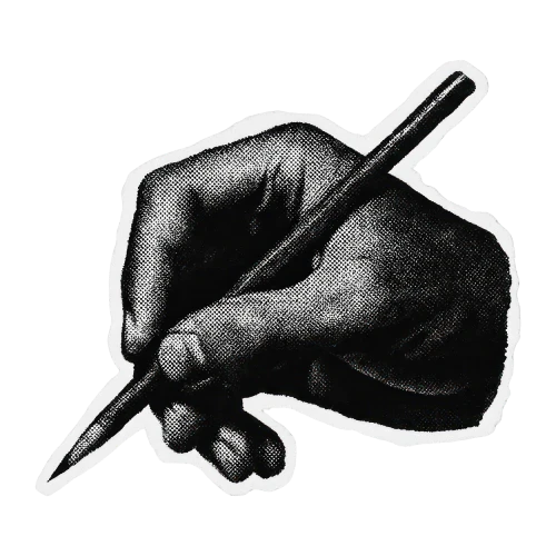 Vintage black and white illustration of a hand holding a pencil representing note taking and research