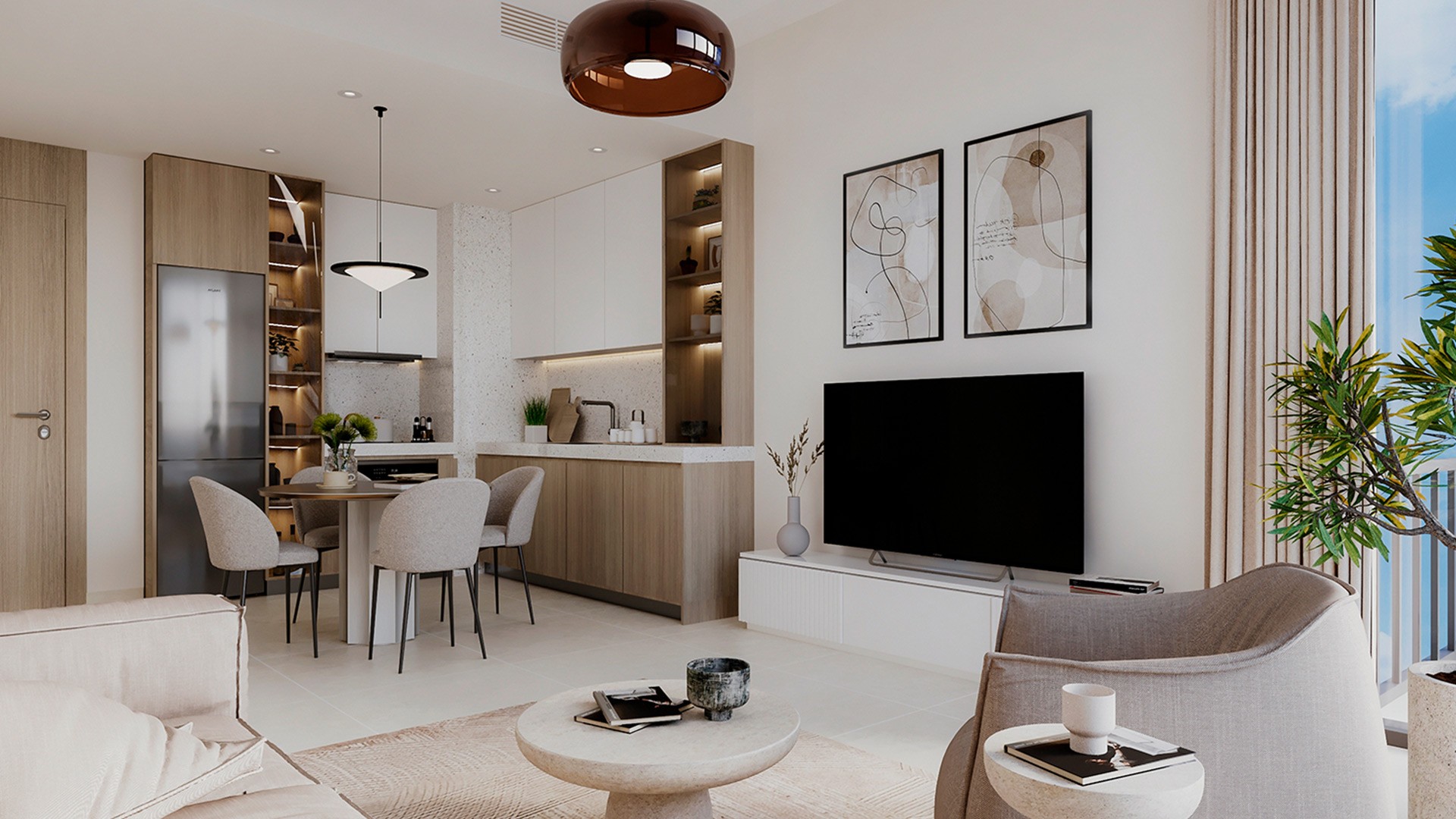 A modern living room featuring a large window, showcasing natural light and contemporary decor at Ascot Residences.