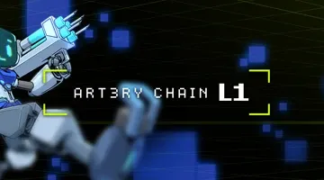 A blue and silver robotic character is posed strikingly against a dark background with abstract shapes.